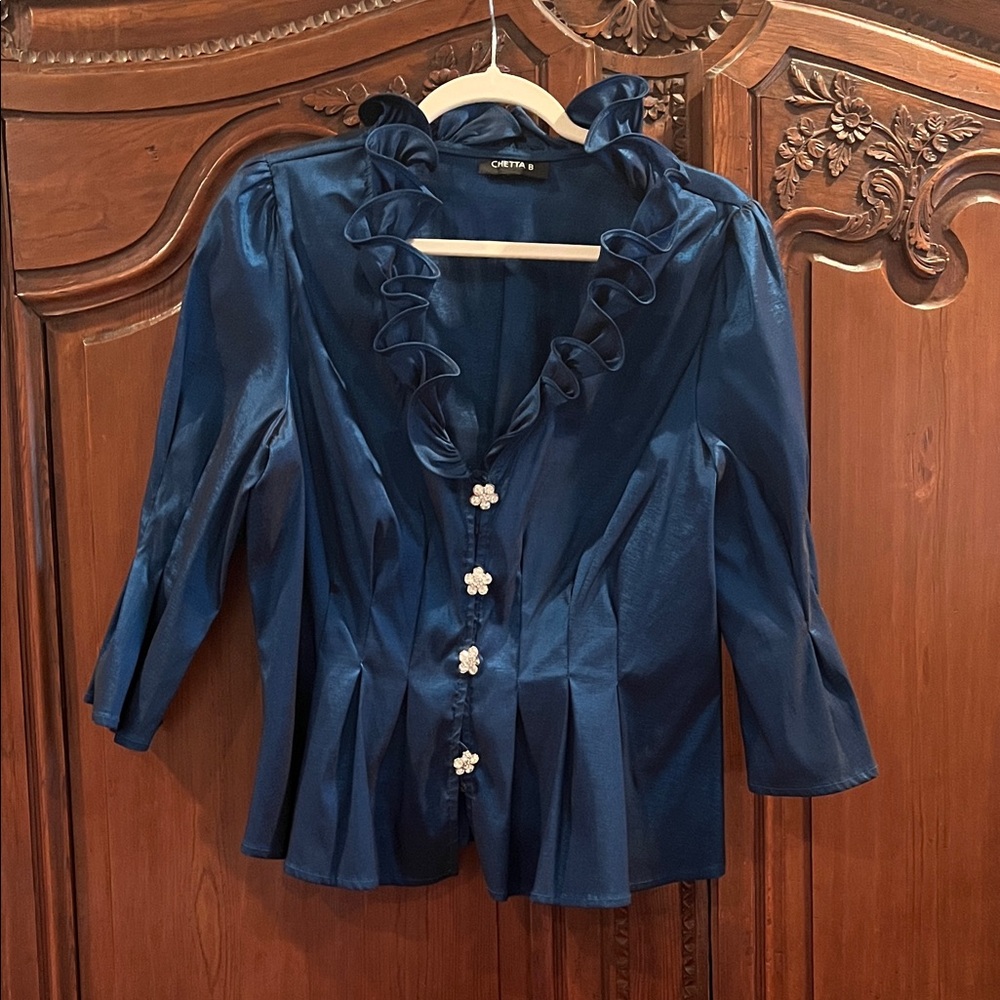 Chetta B Navy Ruffled Blouse with Floral Buttons